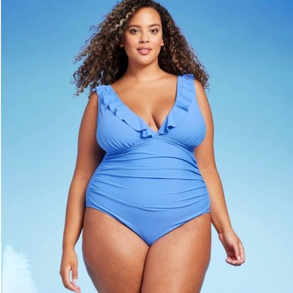 KONA SOL One Piece Bikini Ruched Ruffle Swim V-Neck Full Coverage Blue 22 - Picture 13 of 13